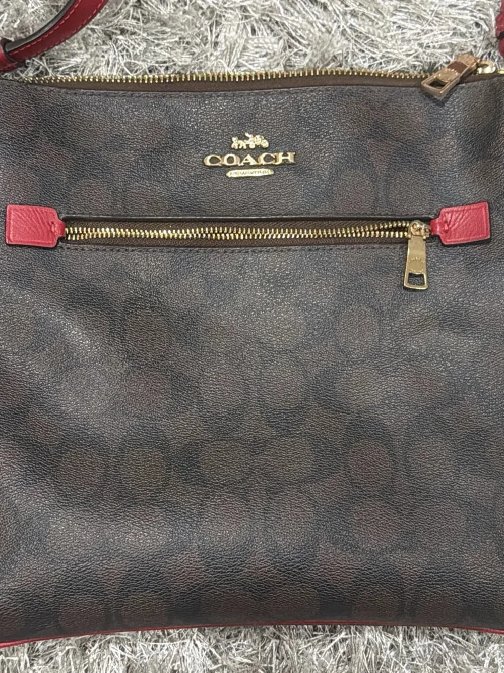 Coach Brown Signature Crossbody with Red Trim and Gold Hardware